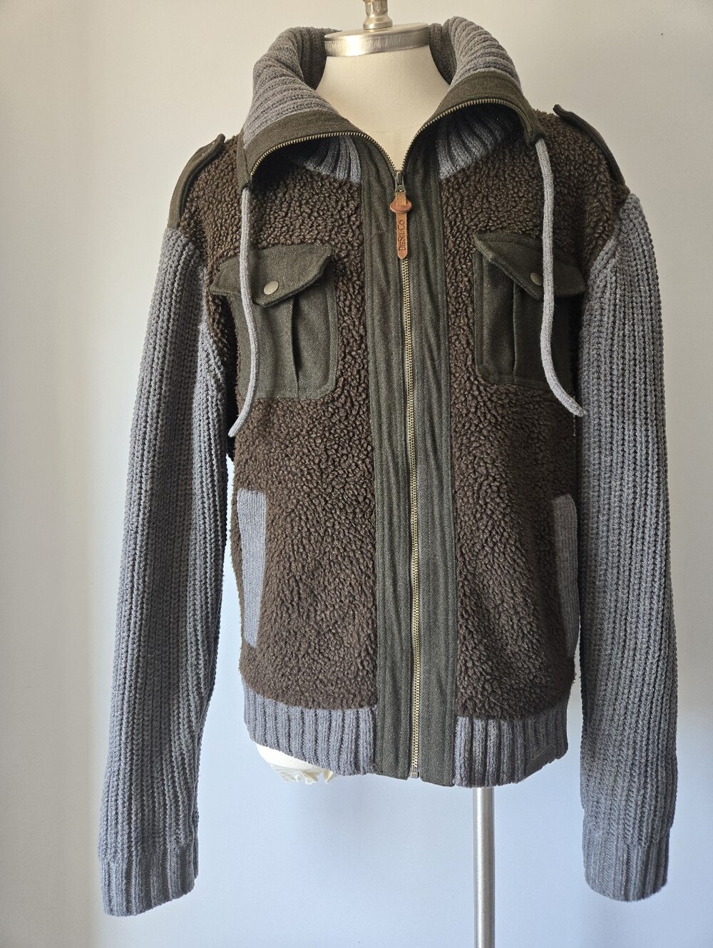 Diesel Tricot & Co Vintage Sherpa, Wool, Suede Leather Military Jacket. XXL